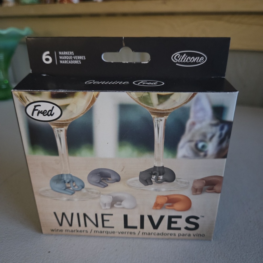 Fred WINE LIVES Wine Markers Set of 6- Cat Wine Charms Glass Tags Multicolor